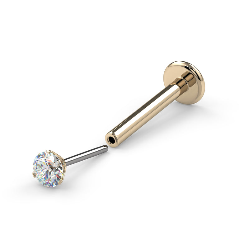 14k yellow gold VS1 diamond flat back nose stud, showing threadless push-pin post and disc backing