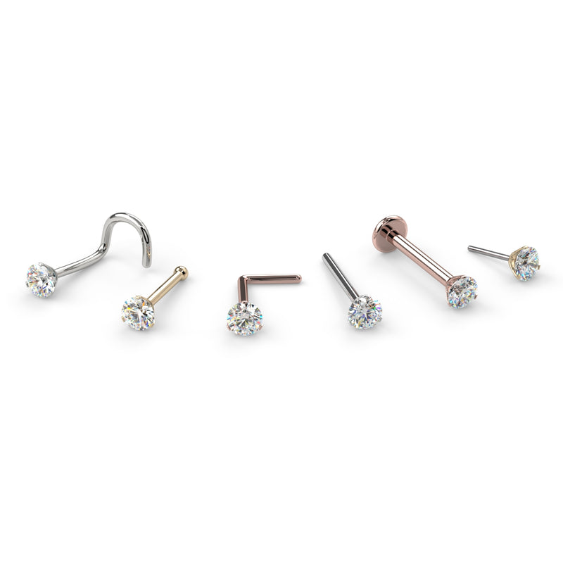 All style options for Lumina diamond nose ring: twist, bone, L-post, straight, flat back, end only