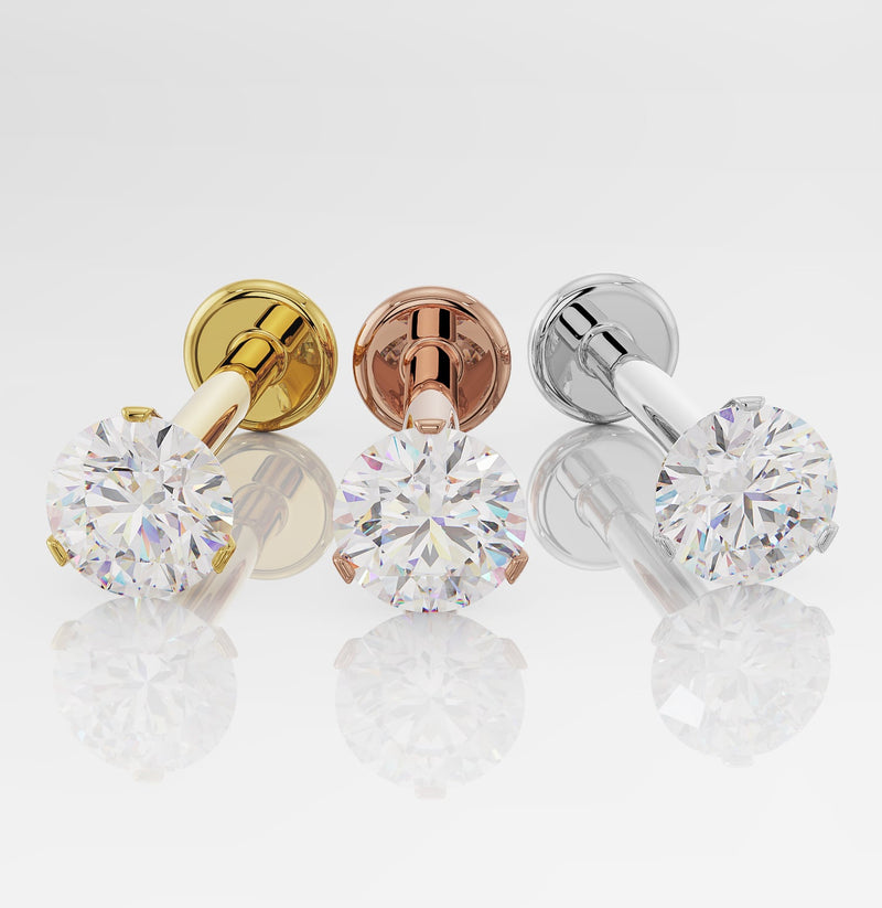 3mm VS1 diamond flat back labret stud shown in 14k yellow gold, rose gold, and white gold from above