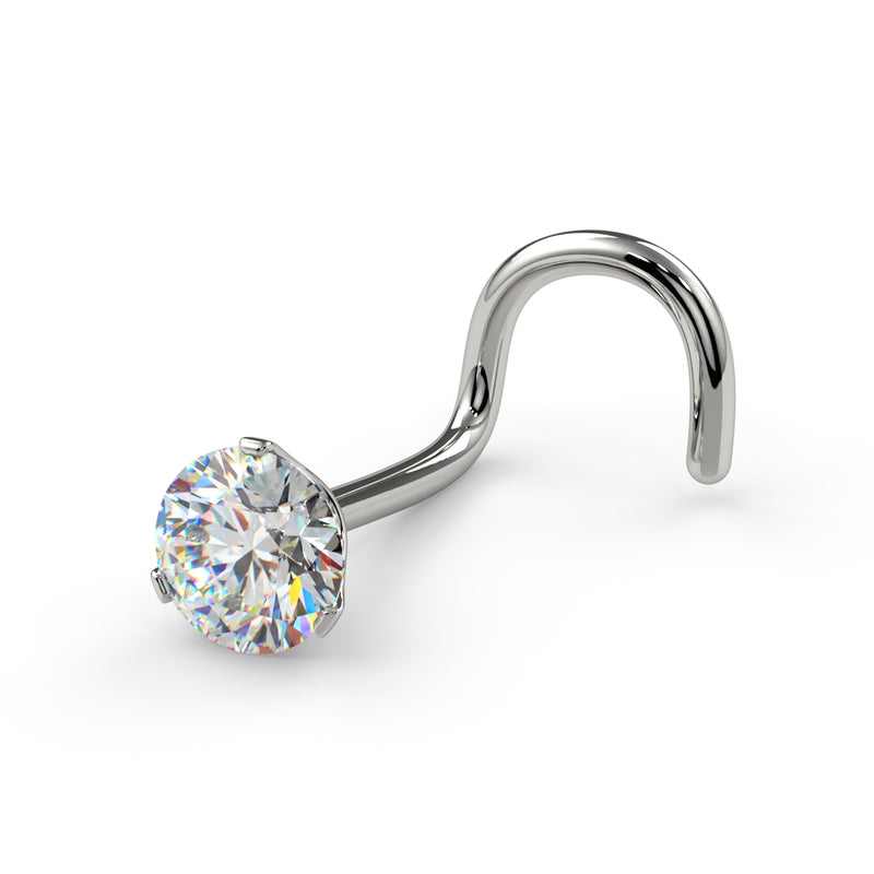 14k white gold 3mm VS1 diamond nose screw, angled view showing twist post and Lumina 3-prong setting
