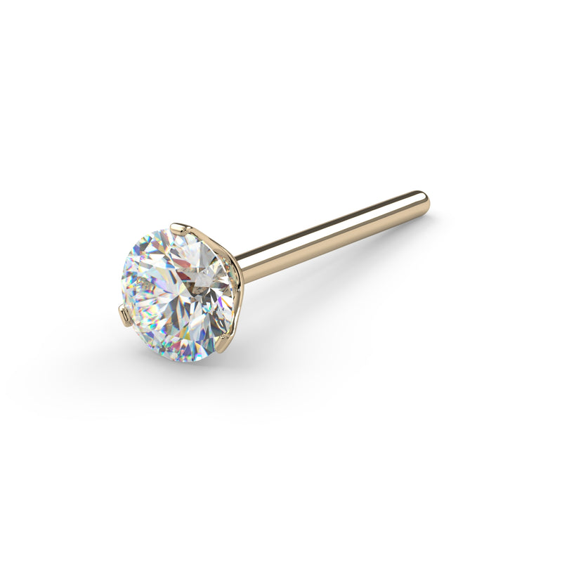 14k yellow gold 3mm VS1 diamond straight post nose ring, angled view of Lumina 3-prong setting