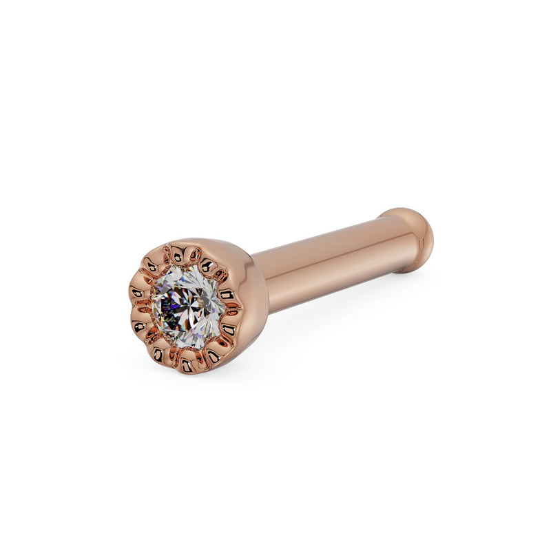 14k rose gold diamond nose bone style with perlage milgrain bezel, angled side view