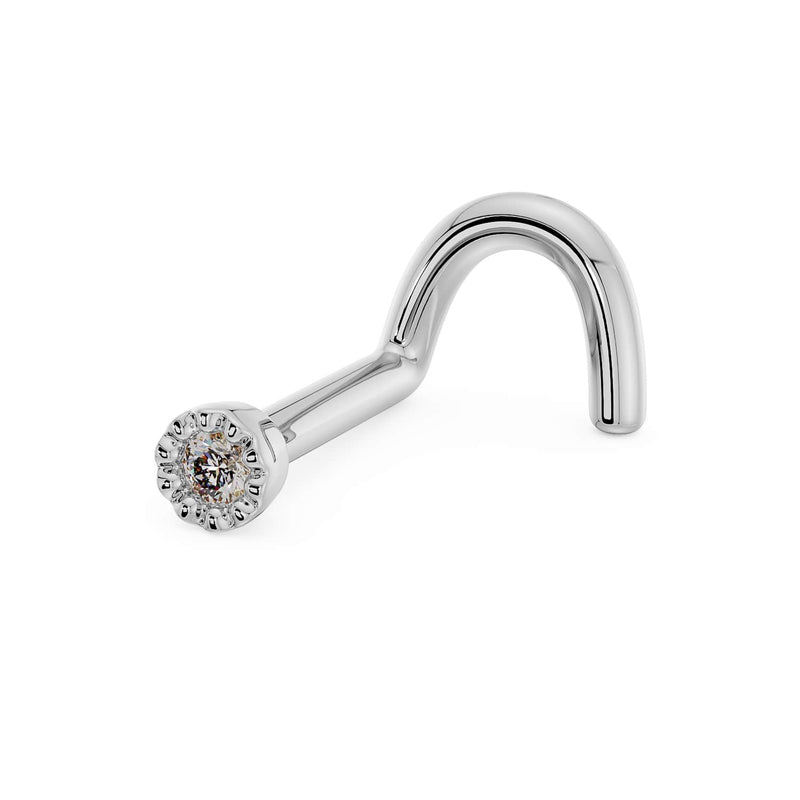 14k white gold diamond perlage nose screw, angled view showing twist post and milgrain setting