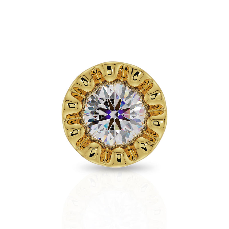 Close-up front view of 14k yellow gold perlage bezel diamond setting with milgrain border detail