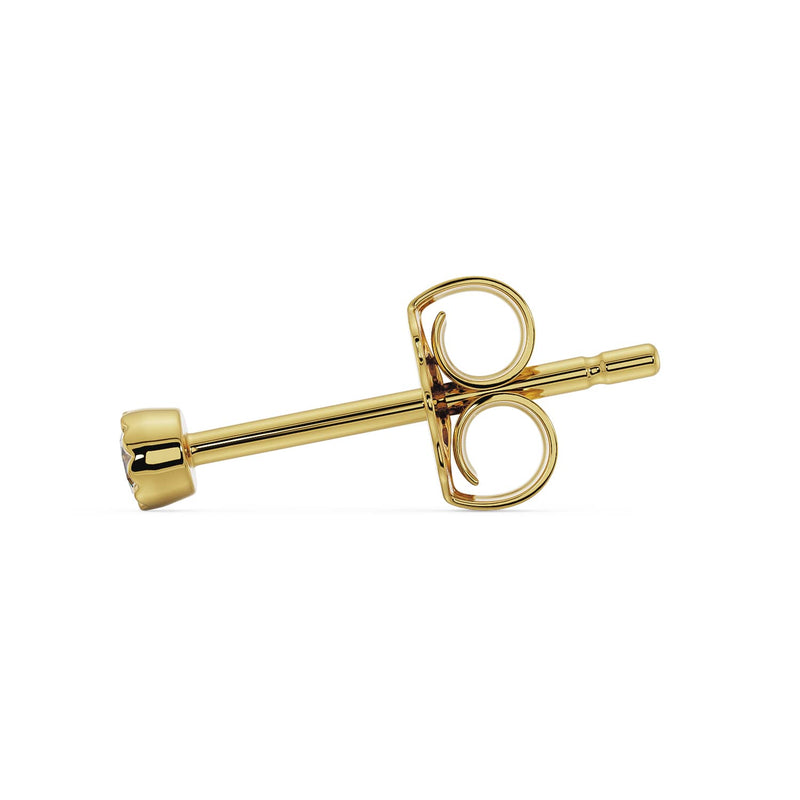 Side profile of small 14K yellow gold diamond perlage stud showing slim post and butterfly earring back