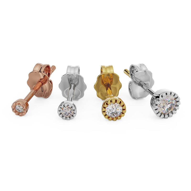 Diamond perlage stud earrings in rose gold, white gold, yellow gold, and white gold metal color options