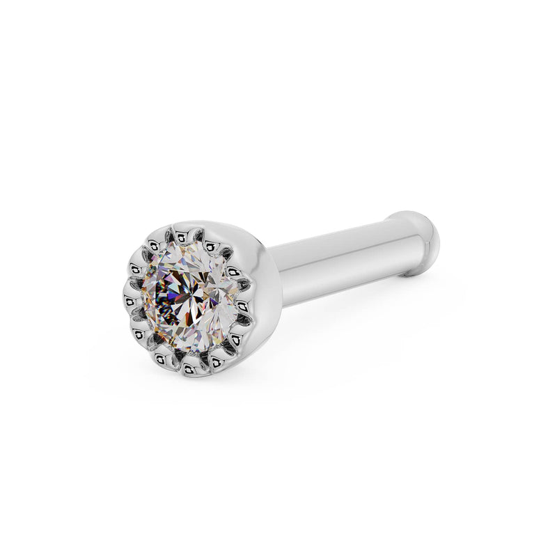 14k white gold diamond milgrain nose bone stud, angled view highlighting beaded setting