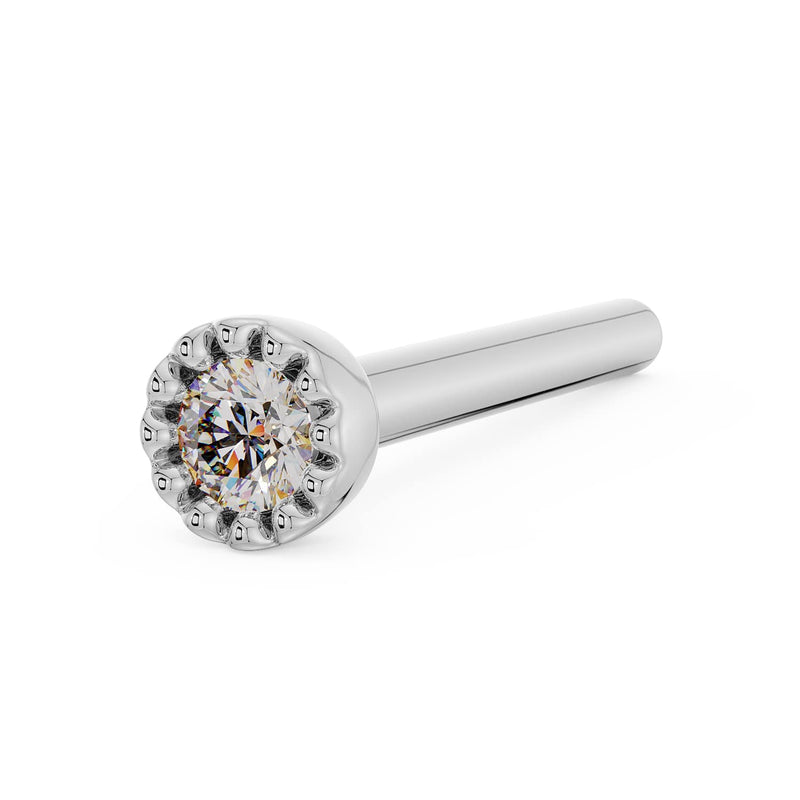 14k white gold 1.5mm diamond perlage straight post nose stud, angled side view