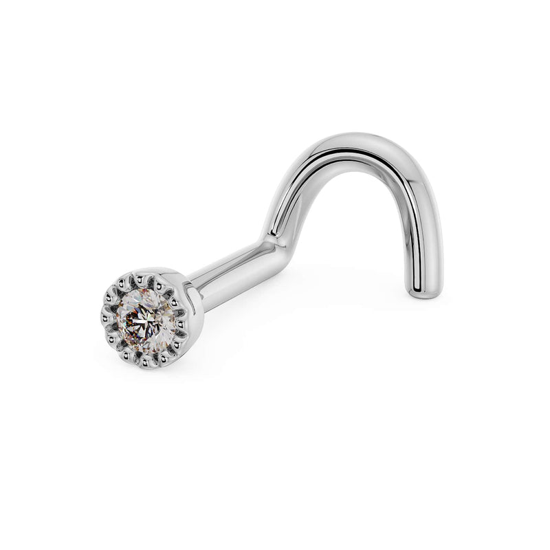 Platinum or white gold 1.5mm diamond perlage nose ring, twist screw style side view