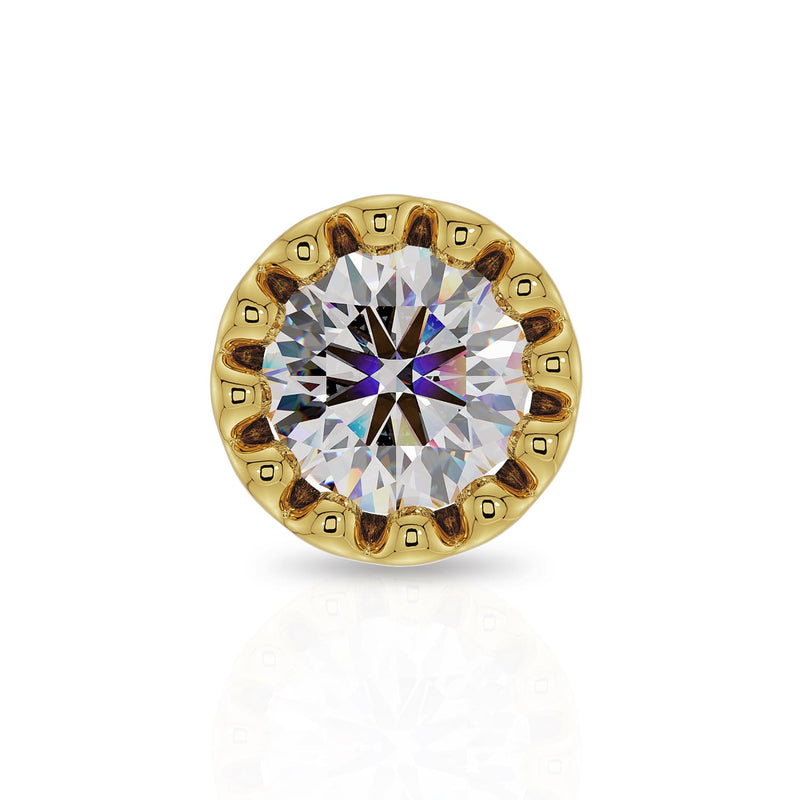 Close-up front view of 1.5mm diamond in 14k yellow gold perlage milgrain bezel setting