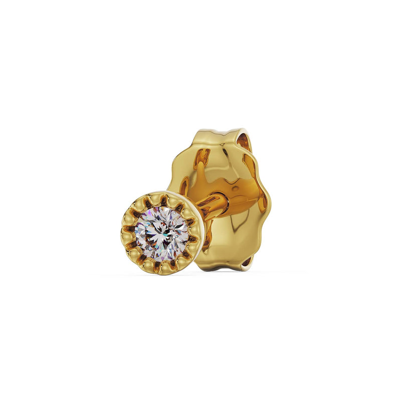 14K yellow gold diamond perlage stud, small size, angled view with butterfly backing shown from rear