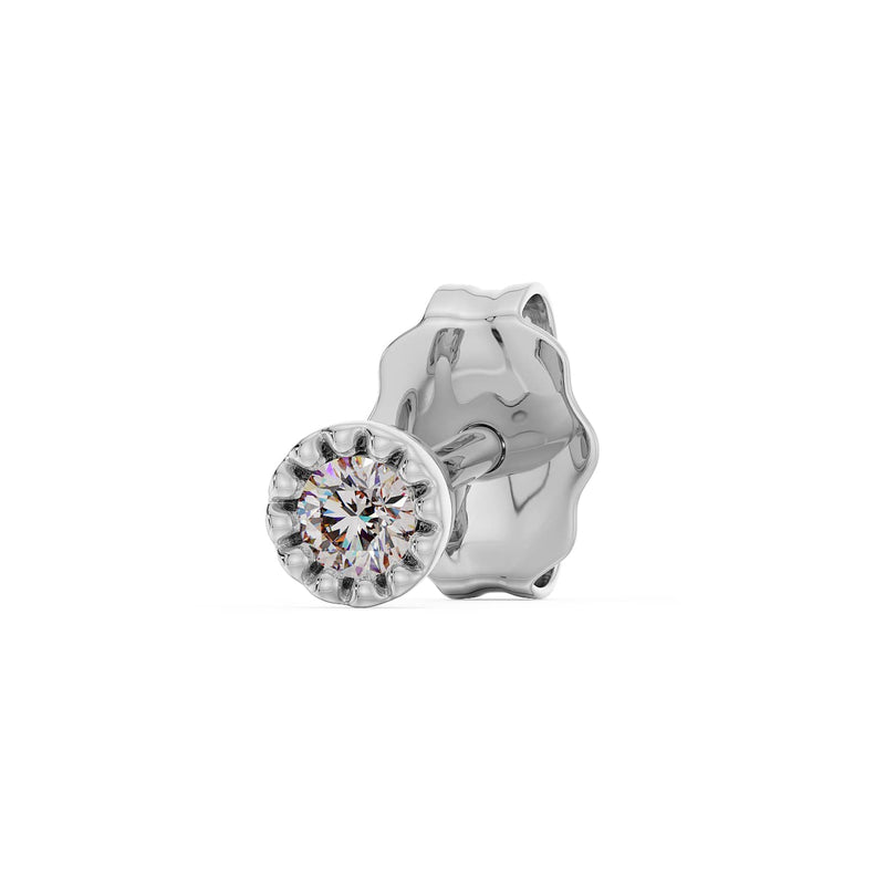 14K white gold diamond perlage stud earring with medium bead bezel, angled view showing butterfly back