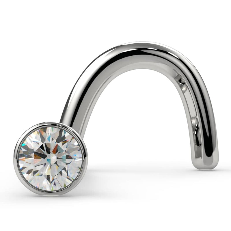 14k white gold 1.5mm diamond bezel nose ring twist style, front view showing VS1 stone