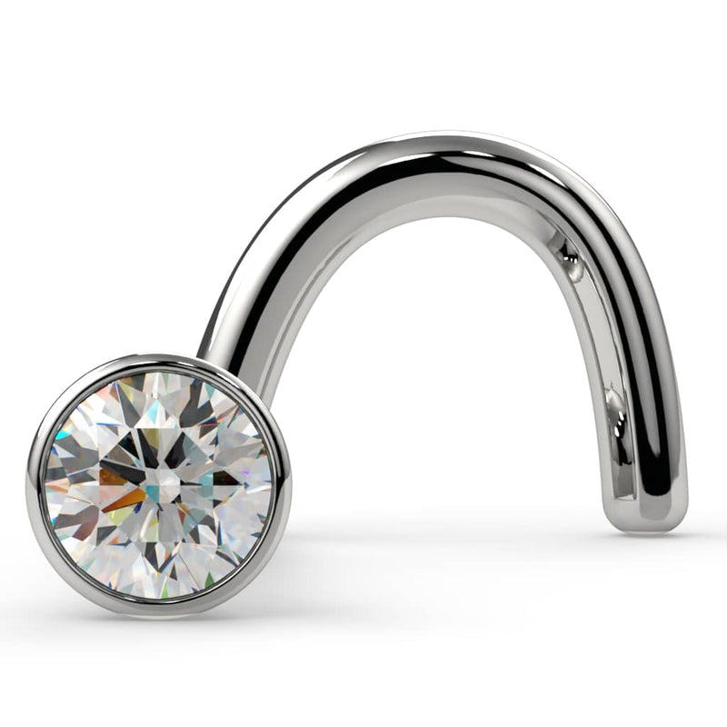 14k white gold 1.7mm diamond bezel nose ring twist style, front view showing VS1 diamond