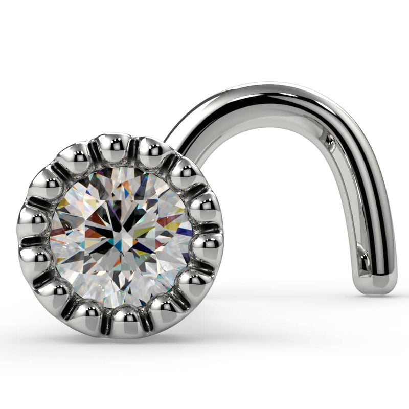 14k white gold 2mm diamond perlage milgrain nose ring twist style, angled view showing beaded bezel setting