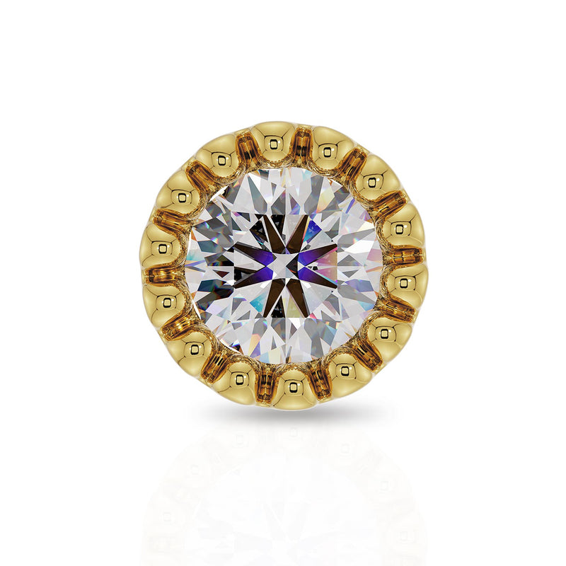 Front close-up of 14k yellow gold 2mm diamond perlage nose stud highlighting beaded setting detail