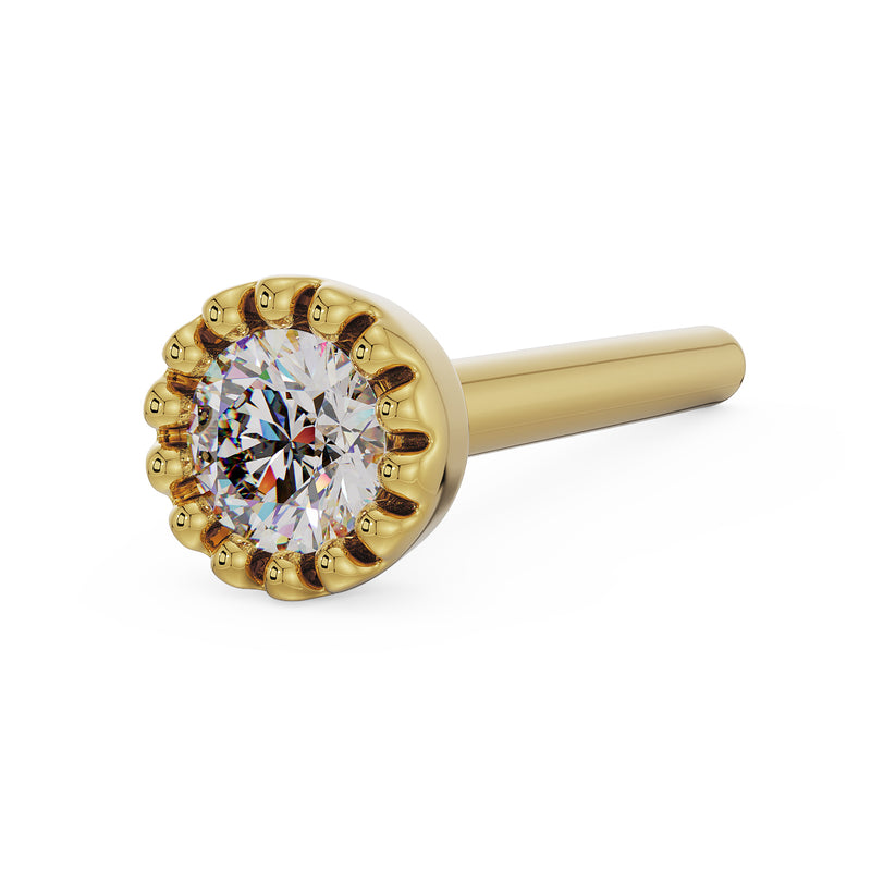 14k yellow gold 2mm diamond perlage nose stud with straight post, angled side view showing post length