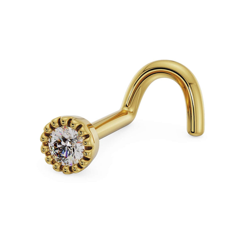 14k yellow gold 2mm diamond perlage nose ring twist style, angled view highlighting warm gold tone