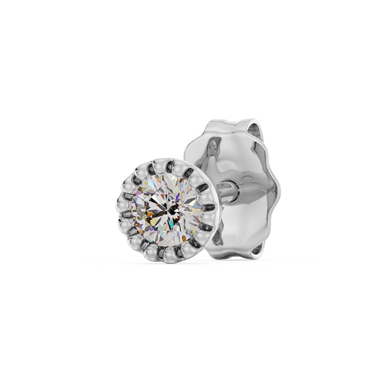 14K white gold diamond perlage stud earring angled front view highlighting bead surround and sparkle