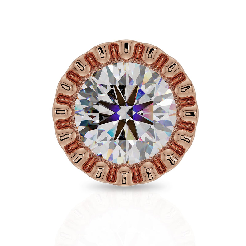 Close-up front view of 14k rose gold perlage bezel showing diamond facets and milgrain setting
