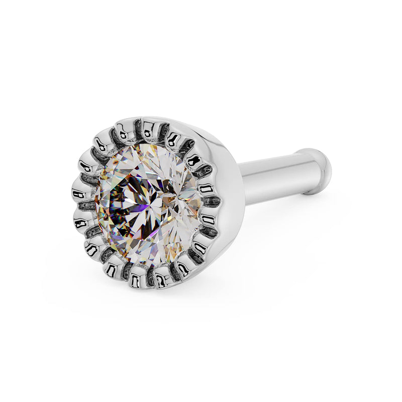 Platinum diamond perlage nose ring, bone style, angled view showing milgrain setting detail