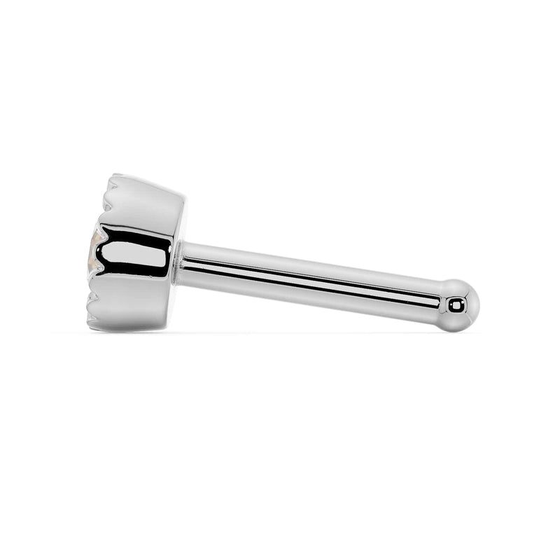 Side profile of 14k white gold diamond nose bone style showing straight post and ball end