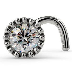 14k white gold diamond milgrain nose ring with twist style, front view of perlage bezel setting