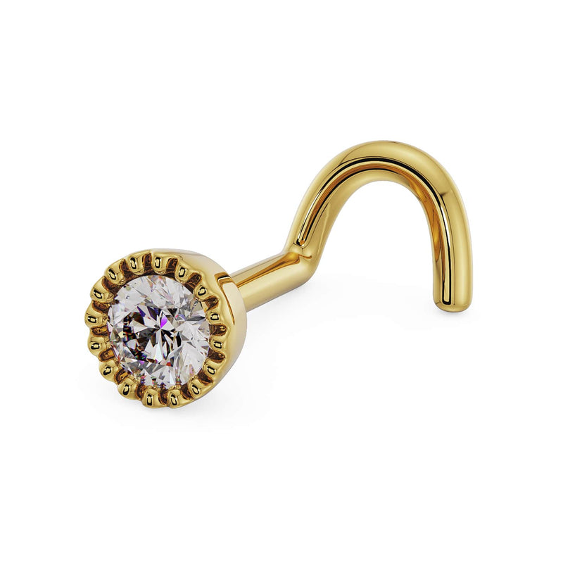 14k yellow gold 2.5mm diamond milgrain nose ring, twist style, angled view showing screw post