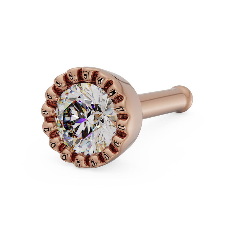 14k rose gold 3mm diamond perlage nose ring with bone post style, angled side view