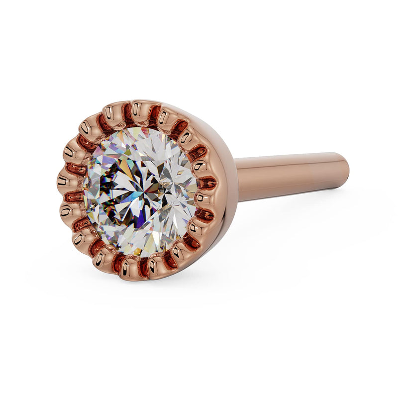 14k rose gold 3mm diamond perlage nose ring with straight post, angled side view