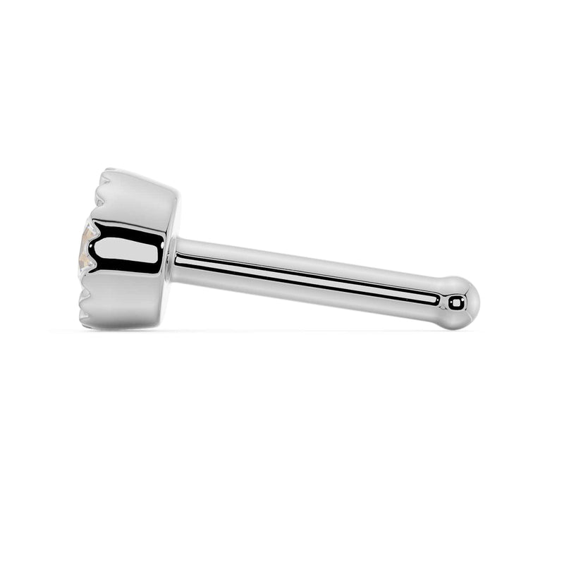 Side profile of 14k white gold 3mm diamond nose ring showing straight post with ball end