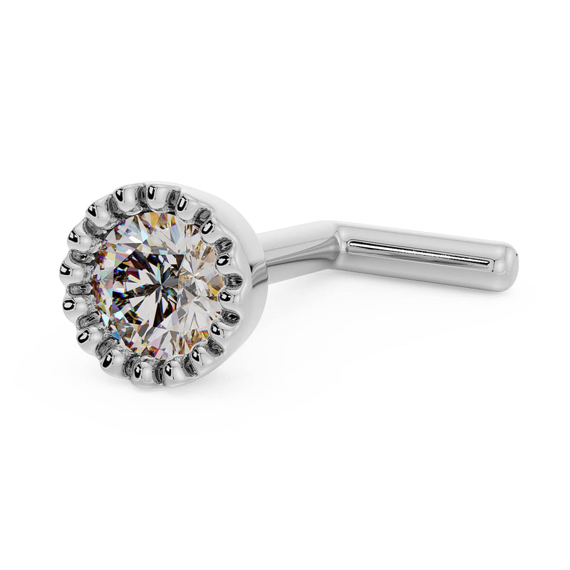 14k white gold 3mm diamond perlage nose ring with L post style, angled side view