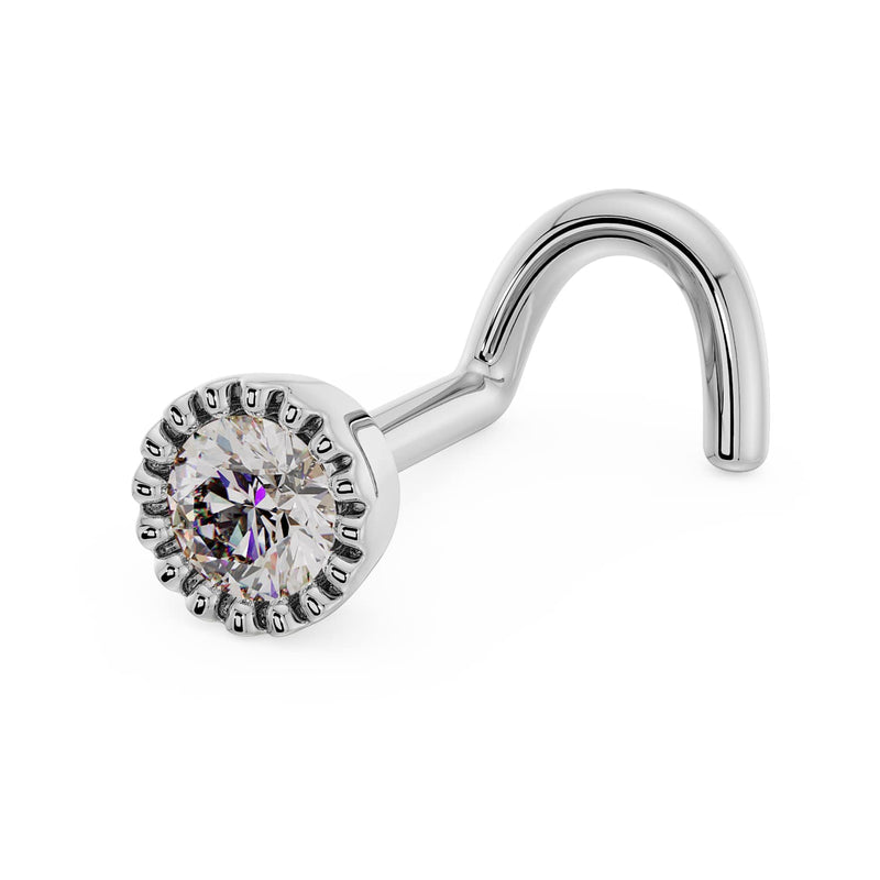 14k white gold 3mm diamond perlage nose ring twist style, left-facing angled view
