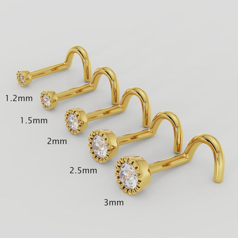 Size comparison of perlage diamond nose rings in 14k yellow gold, 1.2mm to 3mm
