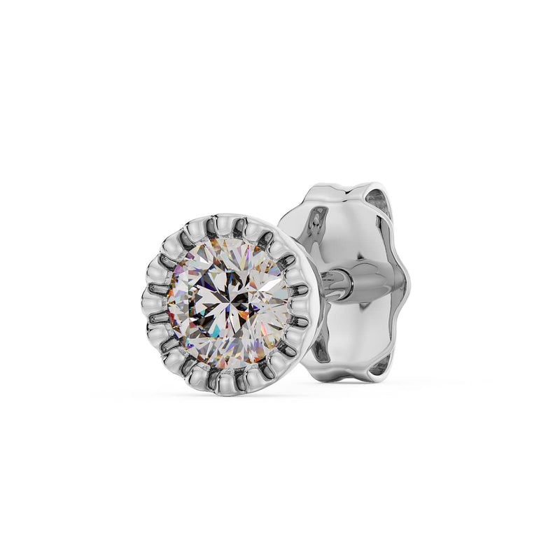 14K white gold diamond perlage stud earring, larger stone size, angled view with butterfly backing