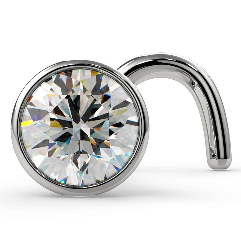 14k white gold 3mm diamond bezel nose ring twist style, angled front view showing VS1 stone sparkle