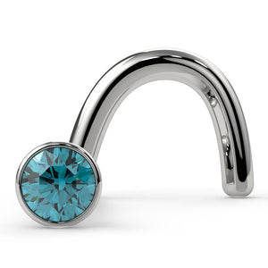 14k white gold blue diamond bezel nose ring twist style, front view showing teal sparkle