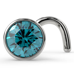14k white gold 3mm blue diamond bezel nose ring stud with twist post, angled front view