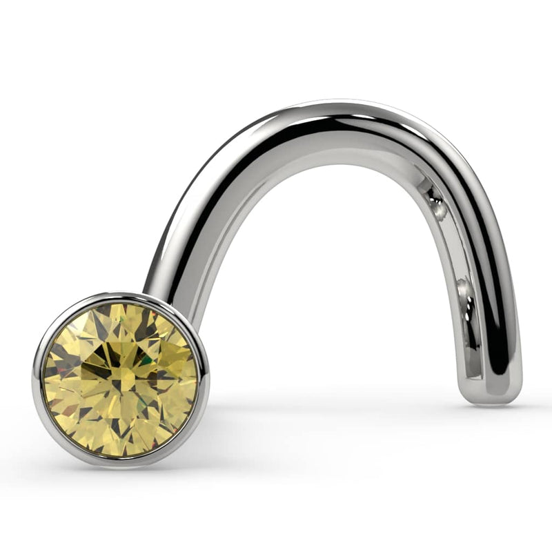 14k white gold yellow diamond bezel nose ring twist style, angled front view showing spiral post