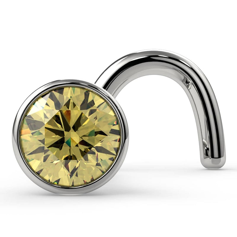 14k white gold twist nose stud with 2.5mm yellow diamond in bezel setting, angled front view