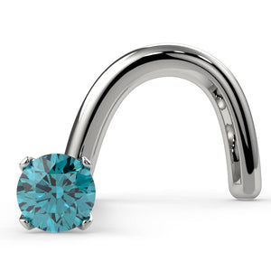 14k white gold blue diamond nose ring twist style with 1.5mm prong-set stone, front view