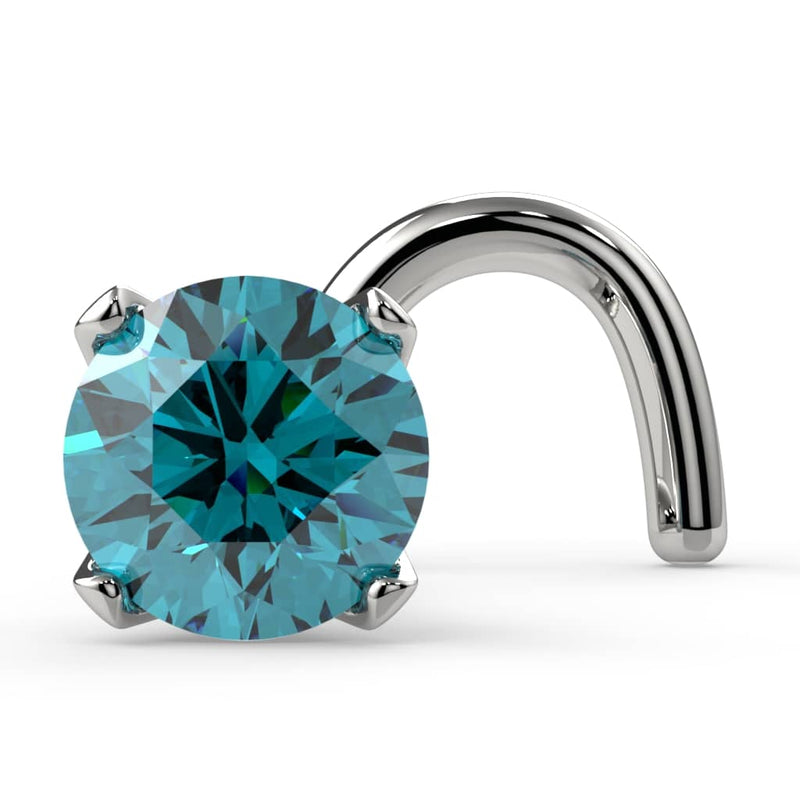 14k white gold 3mm blue diamond nose ring stud with twist post and four-prong setting, front view