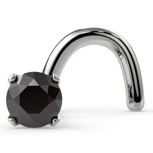 14k white gold twist nose ring stud with 2mm black diamond in four-prong setting, front view