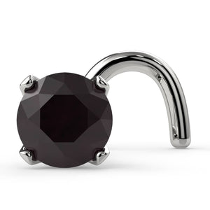 3mm black diamond nose ring stud in 14k white gold twist style, angled front view of prong setting