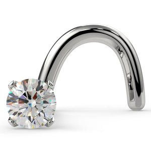 14k white gold 1.7mm diamond nose ring twist style, front view of 4-prong martini setting