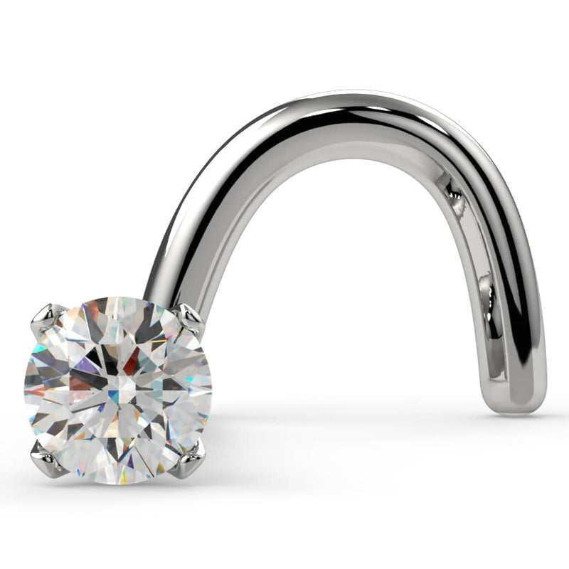 14k white gold 1.7mm diamond nose ring twist style, front view of 4-prong martini setting