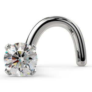 14k white gold 2mm diamond nose ring twist style, front view showing martini prong setting