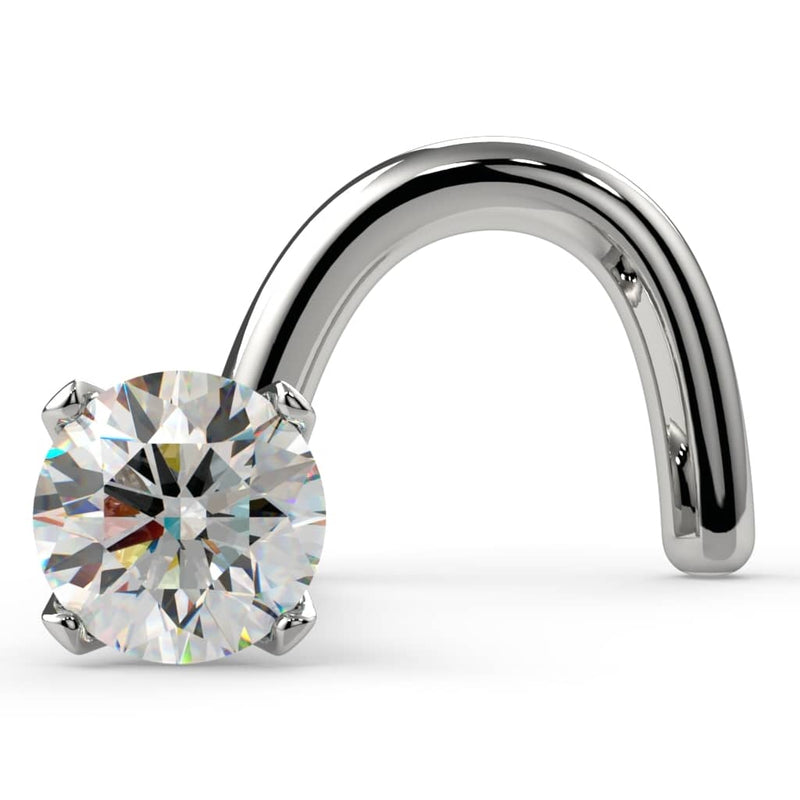 14k white gold 2mm diamond nose ring twist style, front view showing martini prong setting