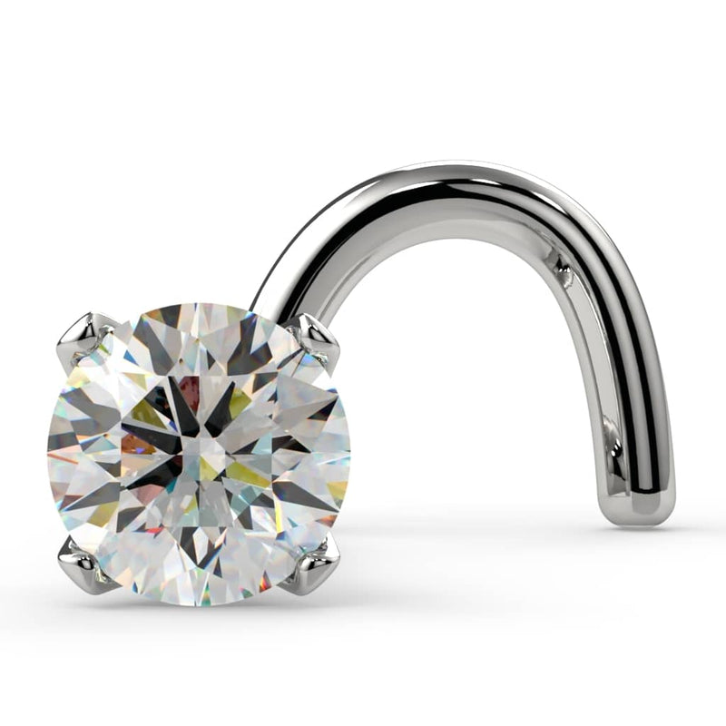 14k white gold 2.5mm diamond nose stud with 4-prong martini setting and twist post, front angle view