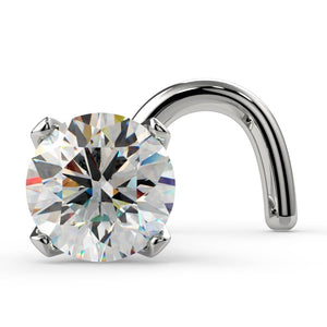 14k white gold 3mm diamond nose ring stud with twist post and four-prong martini setting, angled view